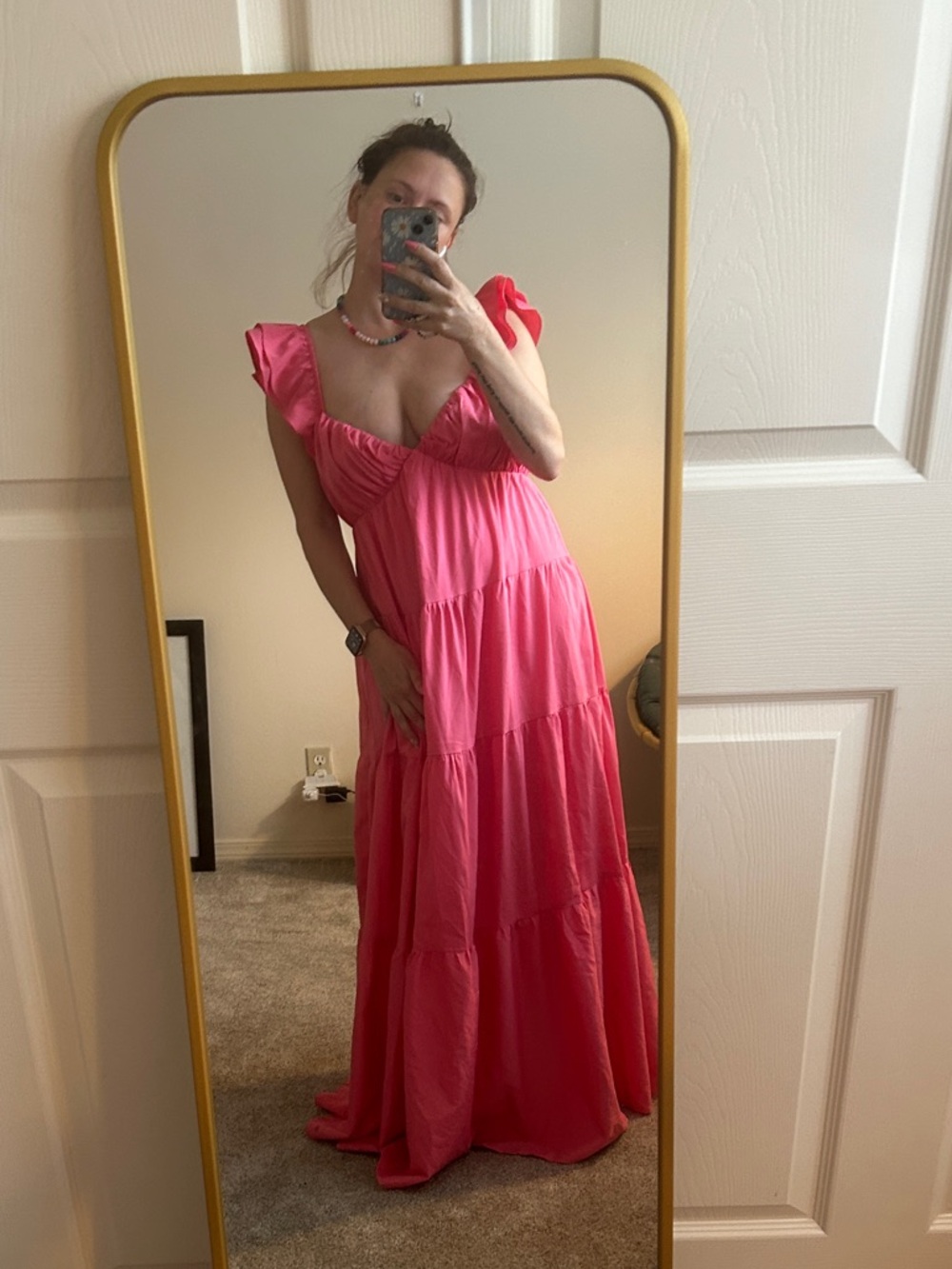 English Factory Ruffle Sleeve V-Neck Maxi Dress Tiered Pink size Small